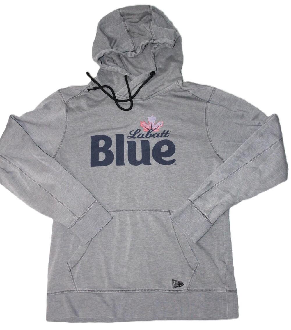 New Era Hoodie Mens M Gray Pullover Hooded Labatt Blue Graphic Pockets